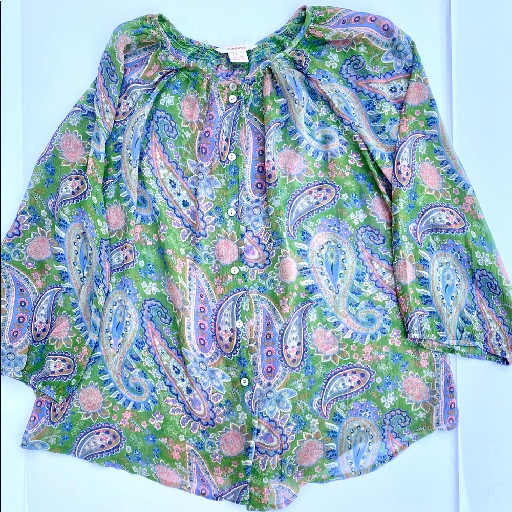 SUNDANCE Gauzy Paisley Peasant BLOUSE  size Large